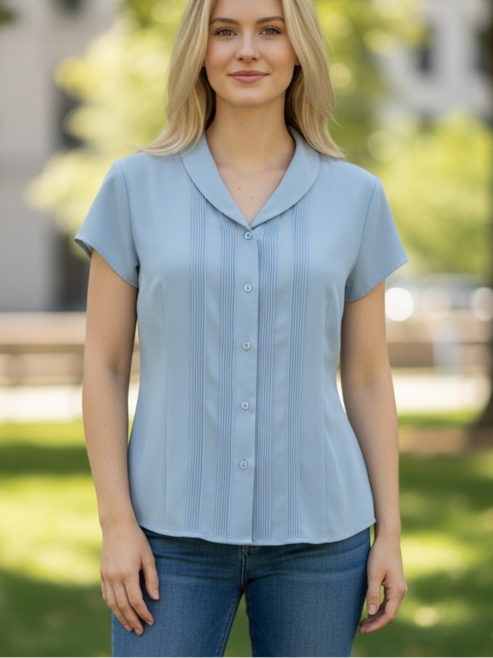 Covington Light Blue Short Sleeve Pintuck Blouse